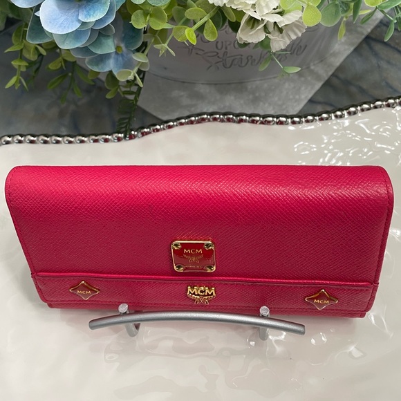 MCM Hot Pink Leather Studded Logo Motifs Wallet - Picture 5 of 17